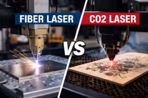 Fiber vs CO2 Laser Engraving comparison showing fiber laser engraving metal and CO2 laser engraving wood in real industrial applications