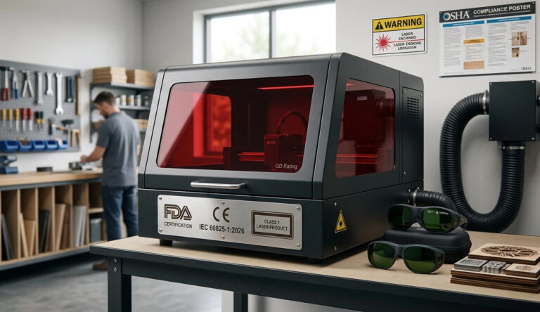 A professional Class 1 enclosed laser engraving machine with integrated fume extraction and compliance markings for IEC 60825-1 and FDA standards.