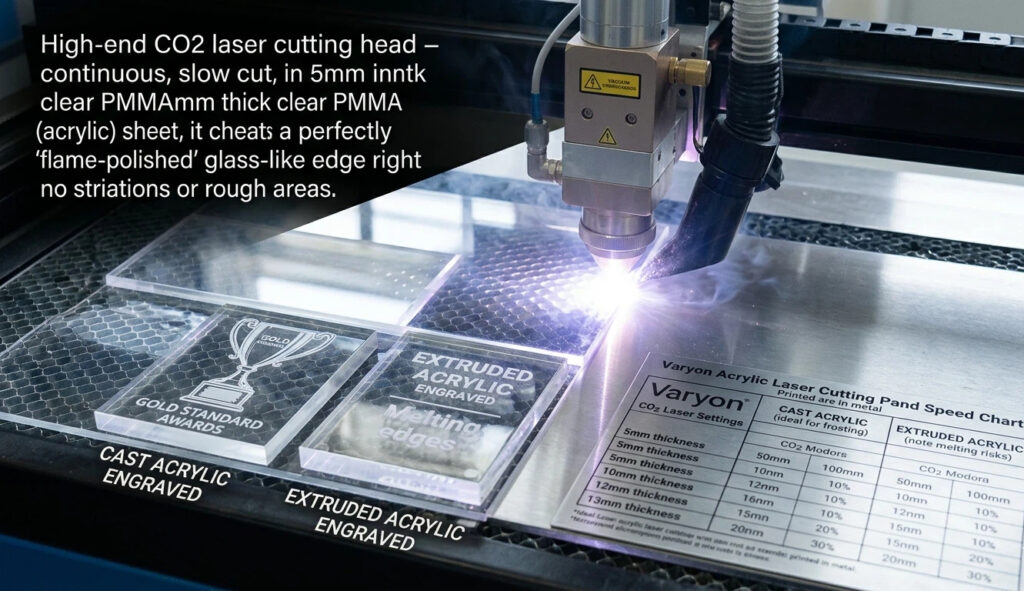 A hyper-realistic close-up photograph capturing a high-end CO2 laser machine during non-metal fabrication. The pulsing white laser beam is performing a slow cut on a clear, 5mm thick PMMA (acrylic) sheet, illustrating a flawless, flame-polished, glass-like edge right behind the cutting point. The composition contrasts two engraved plaques labelled 'CAST ACRYLIC ENGRAVED' (showing ideal 'frosted' white results for high-end awards) and 'EXTRUDED ACRYLIC ENGRAVED' (showing melting and blurry results with gummy edges). A detailed 'Varyon Acrylic Laser Cutting Power and Speed Chart' printed on metal is also visible, showing recommended CO2 Laser Settings for 5mm thickness for Cast vs Extruded. Smoke is being efficiently extracted by a vacuum nozzle near the cut. Natural factory light mixes with the bright laser glow.