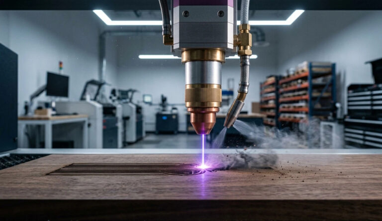 Close-up of a CO2 laser engraving machine performing a power scale test on dark walnut wood with air assist nozzle active.