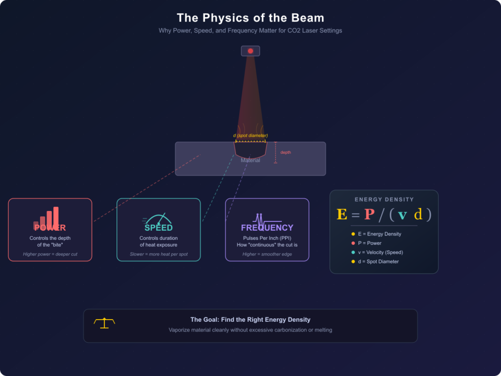 Infographic explaining CO2 laser beam physics: the three key settings (Power, Speed, Frequency) and the Energy Density formula E = P / (v · d), with a cross-section diagram of a laser beam cutting into material.