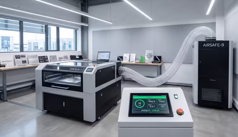 A high-precision eco-friendly laser engraving setup in a minimalist workshop, featuring an active laser fume extraction system and a digital monitor confirming green air quality levels.
