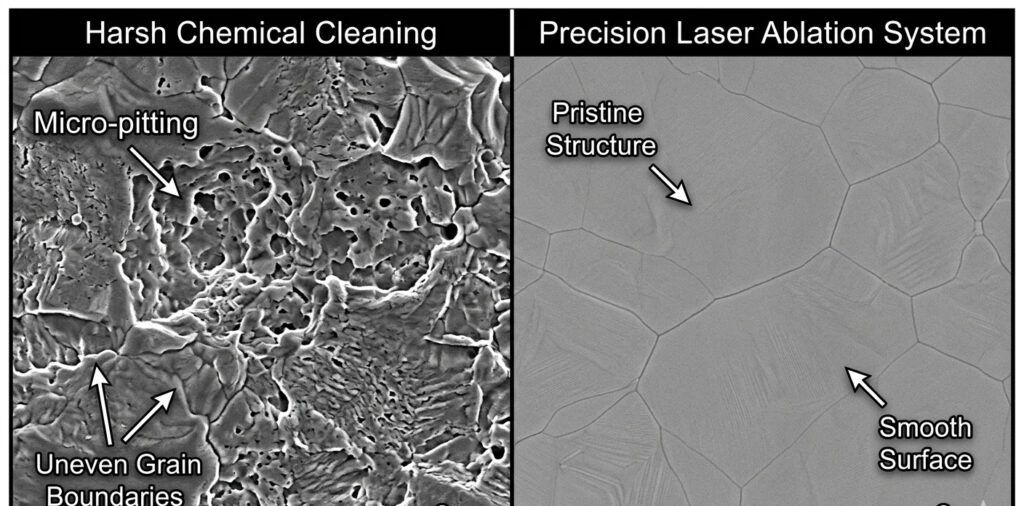 Extended SEM view of a titanium aerospace component after non-contact cleaning with a laser ablation system, showing preserved crystalline grain structure and zero micro-pitting.