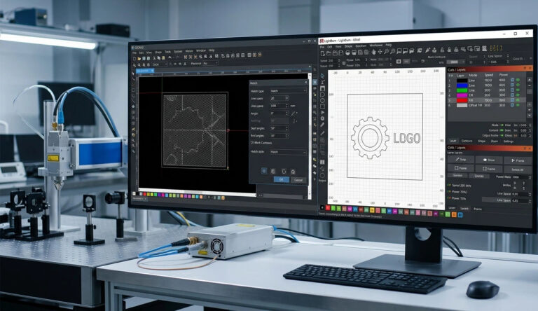 Split-screen comparison of EZCAD2 hatch settings and LightBurn layer library interface in a professional laser laboratory environment.