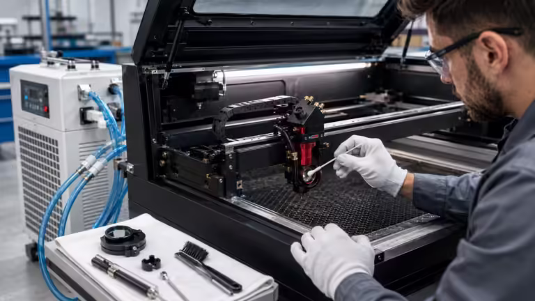 Laser engraver maintenance guide showing lens cleaning and machine inspection