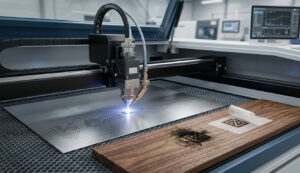 Professional close-up of a laser engraving troubleshooting session, featuring a precision laser head marking metal, contrasting with a burnt wood logo attempt nearby.