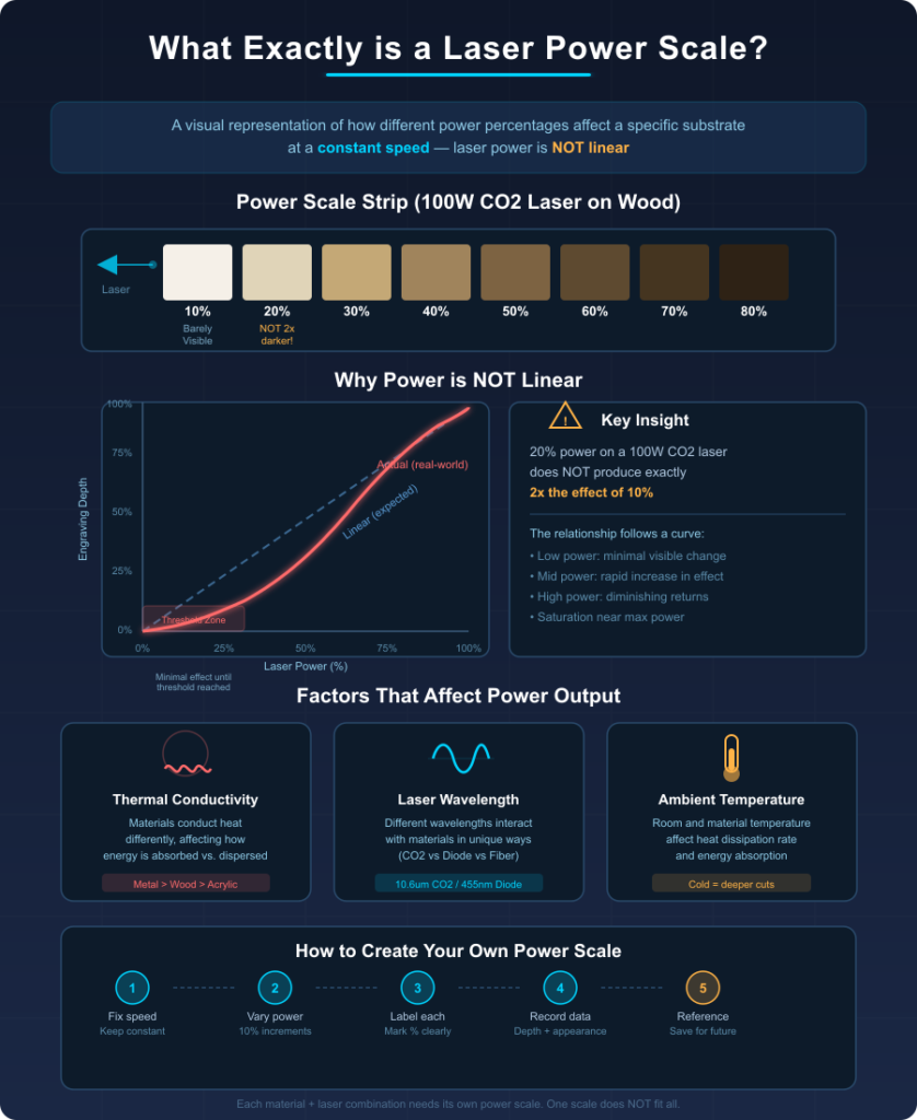 Laser power scale chart showing non-linear engraving effects from 10% to 80% power on a 100W CO2 laser with wood substrate