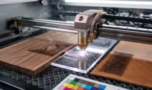 A hyper-realistic close-up shot of a Varyon CO2 laser machine during non-metal processing. The scene shows the laser beam interacting simultaneously with three materials: engraved rich-grained walnut wood, clean-cut transparent acrylic, and precision-etched natural leather patches.