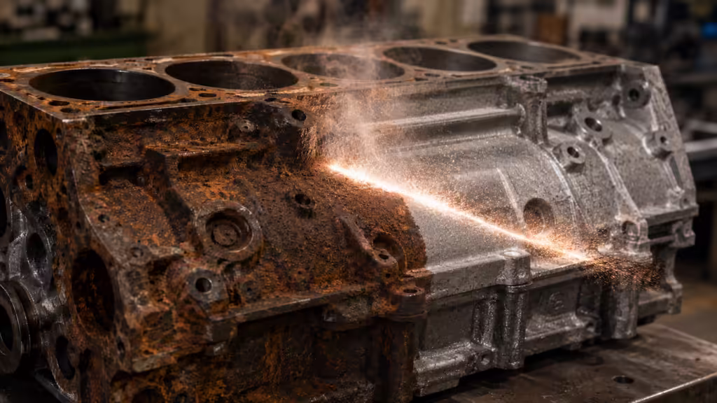Automotive Laser Cleaning removing rust from an engine block