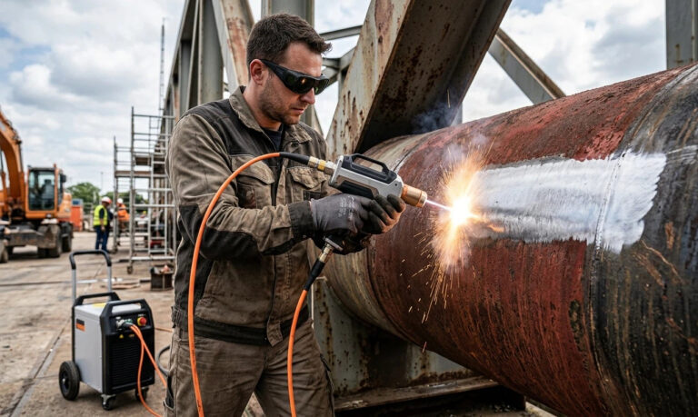 A professional technician using a handheld fiber laser cleaner for on-site rust removal on a large industrial pipe, demonstrating portable industrial cleaning and laser ablation technology.