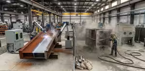 Side-by-side comparison in a factory setting: A traditional worker performing manual sandblasting in a dusty enclosure versus an automated robotic fiber laser cleaning system stripping rust in a clean workshop.