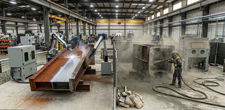 Side-by-side comparison in a factory setting: A traditional worker performing manual sandblasting in a dusty enclosure versus an automated robotic fiber laser cleaning system stripping rust in a clean workshop.