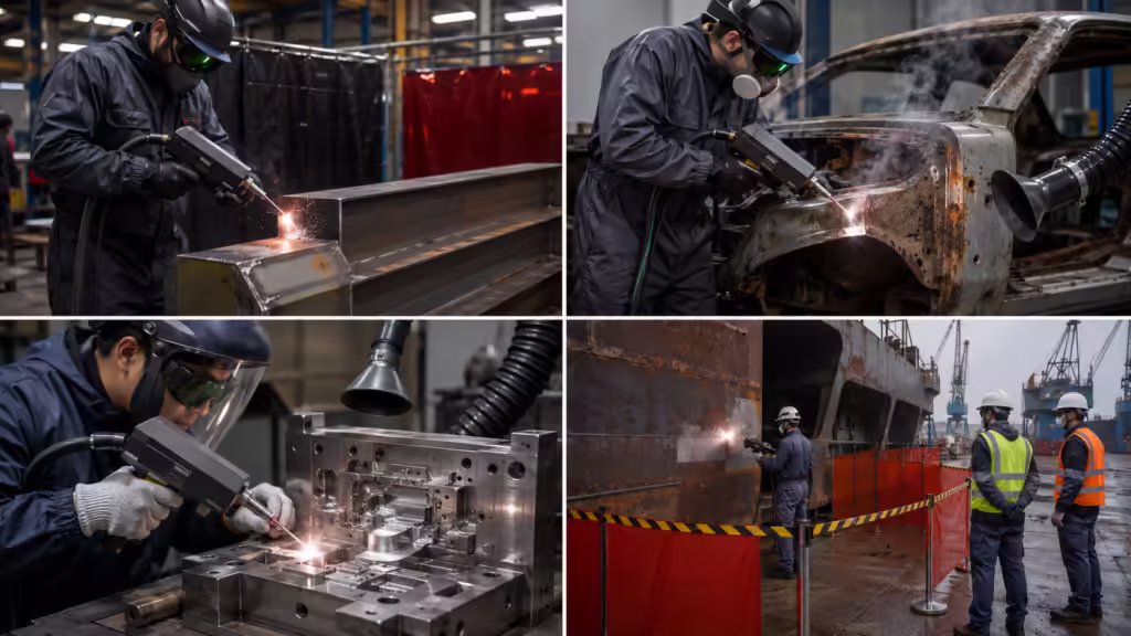 Laser cleaning PPE application scenarios showing metal fabrication, automotive restoration, mold cleaning, and shipyard work area control
