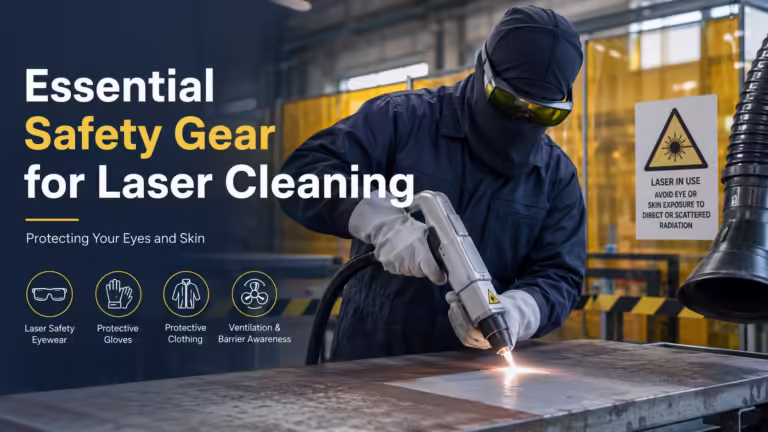 Laser cleaning safety gear cover image showing operator wearing protective eyewear, gloves, clothing, and using ventilation barriers