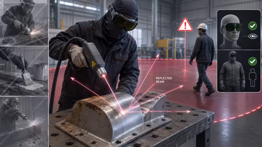 Laser cleaning safety gear showing operator eye protection, reflected beam risk, skin coverage, and controlled workshop area