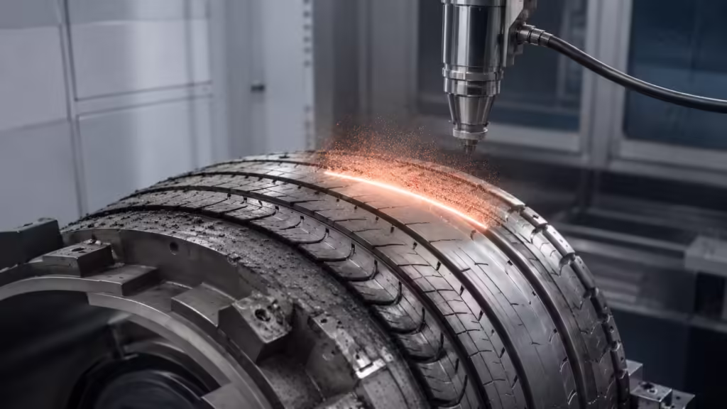 Laser mold cleaning on tire mold grooves removing rubber residue with a scanning laser beam