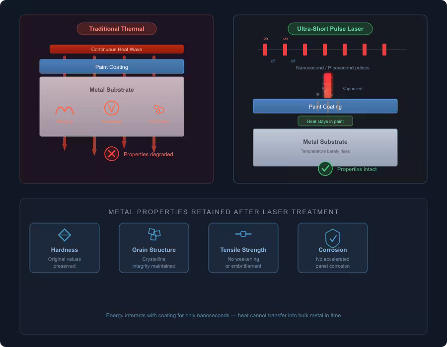 Comparison diagram showing how ultra-short pulsed laser paint stripping achieves heat-affected zone HAZ mitigation — nanosecond pulses vaporize paint before heat transfers into metal substrate, preserving hardness grain structure tensile strength and corrosion resistance