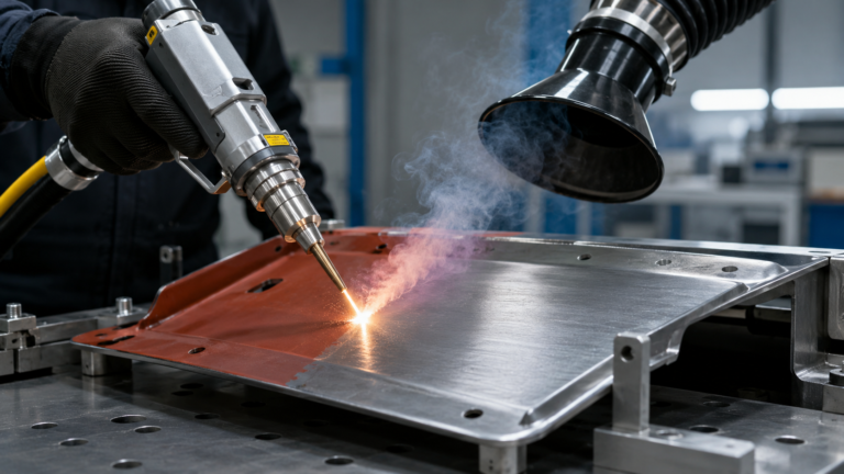 Handheld laser paint stripping removes coating from a metal panel without damaging the substrate
