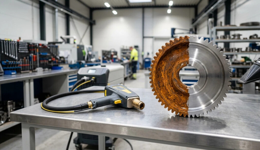 A professional side-by-side comparison of rust removal with laser: A heavy iron gear with one side covered in deep oxidation and the other side surgically cleaned to bare silver steel using a handheld laser rust removal gun.
