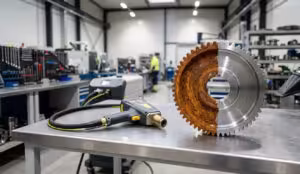 A professional side-by-side comparison of rust removal with laser: A heavy iron gear with one side covered in deep oxidation and the other side surgically cleaned to bare silver steel using a handheld laser rust removal gun.