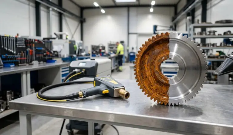 A professional side-by-side comparison of rust removal with laser: A heavy iron gear with one side covered in deep oxidation and the other side surgically cleaned to bare silver steel using a handheld laser rust removal gun.