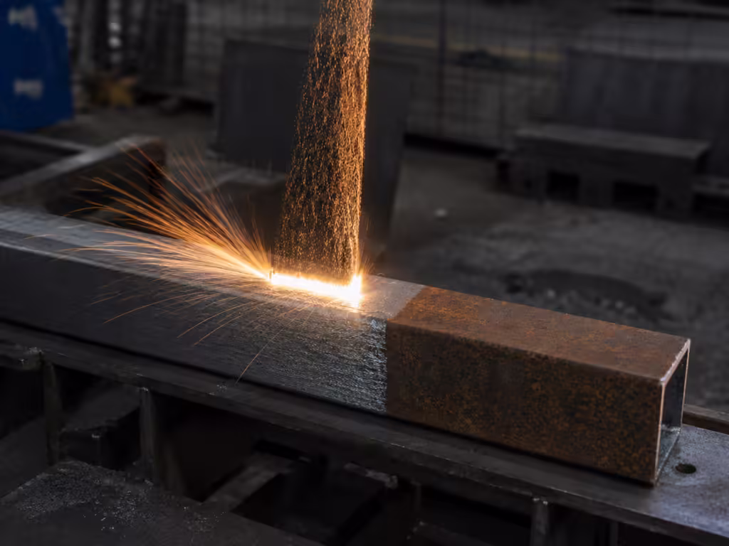 fiber laser rust removal process on steel surface with sparks and clean metal contrast