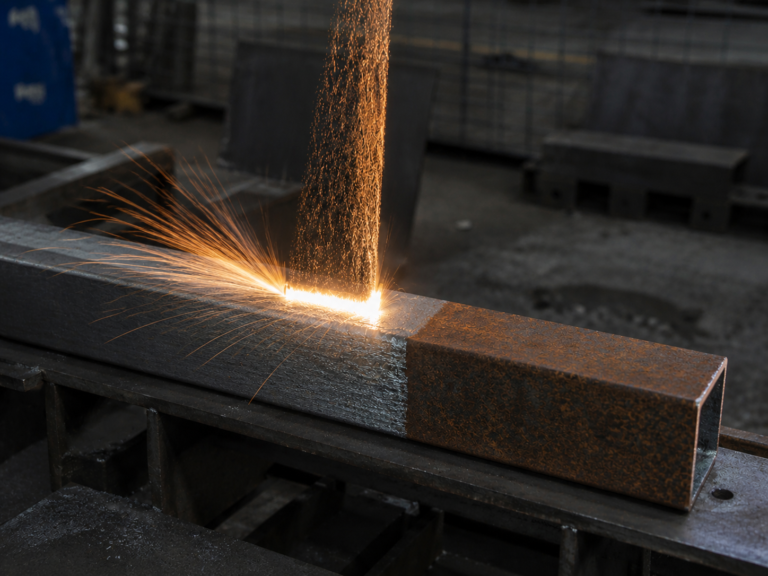 fiber laser rust removal process on steel surface with sparks and clean metal contrast