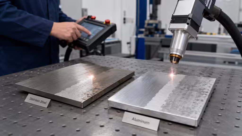 Laser cleaning test on stainless steel and aluminum samples with visible cleaned surface paths