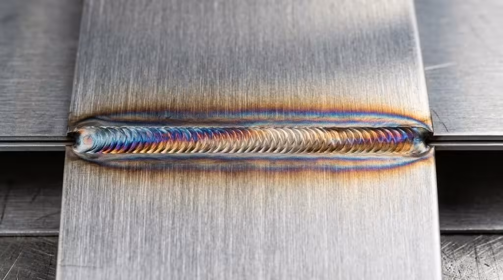 Macro view of a continuous, uniform laser weld bead on thin aluminum sheet metal with minimal thermal discoloration.