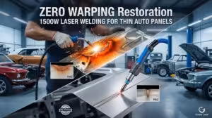 Visual comparison of traditional MIG welding distortion versus precise 1500w laser welder performance on thin auto body panels.