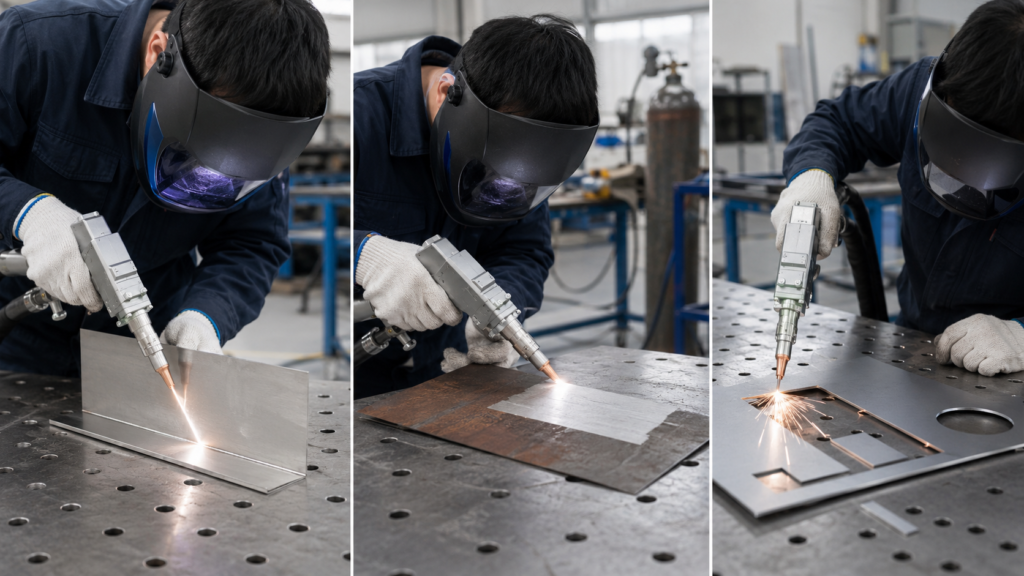 1500W laser welding machine showing welding cleaning and cutting functions