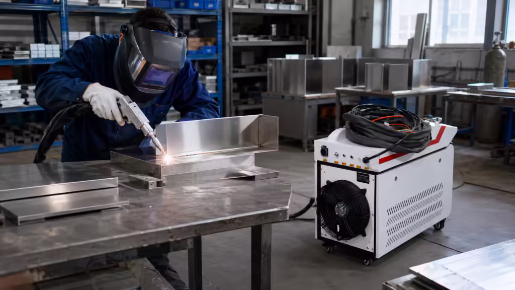 1500W laser welding machine welding stainless steel sheet metal in a small workshop
