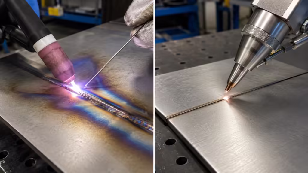 Split-screen industrial comparison showing TIG welding on thin sheet metal with broad heat discoloration and laser welding on thin sheet metal with clean narrow weld seam and lower distortion