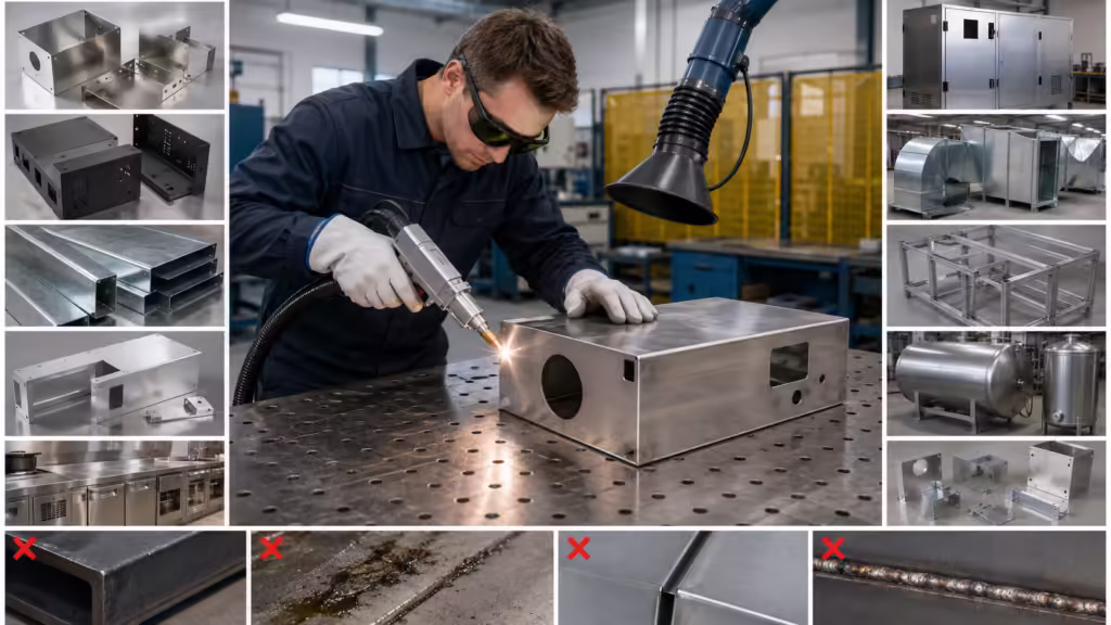 Laser welding machine applications for stainless steel sheet, enclosures, HVAC components, tanks, frames, and small-batch metal fabrication with safety limits