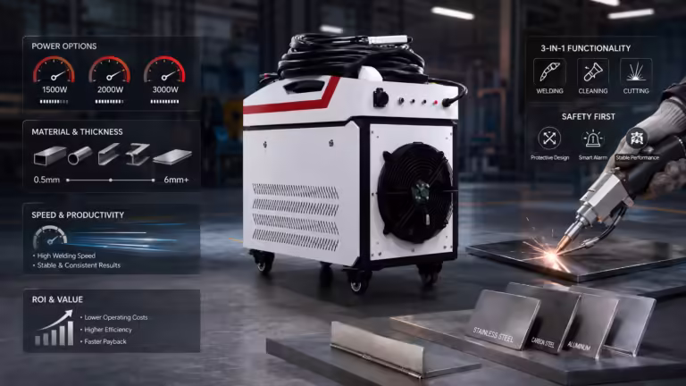 Laser welding machine buying guide 2026 showing power options, material thickness, welding speed, ROI, safety, and 3-in-1 functions