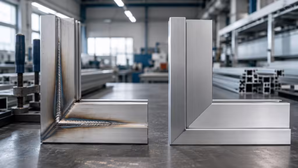 Laser welding machine for door and window fabrication showing rough weld and cleaner frame corner