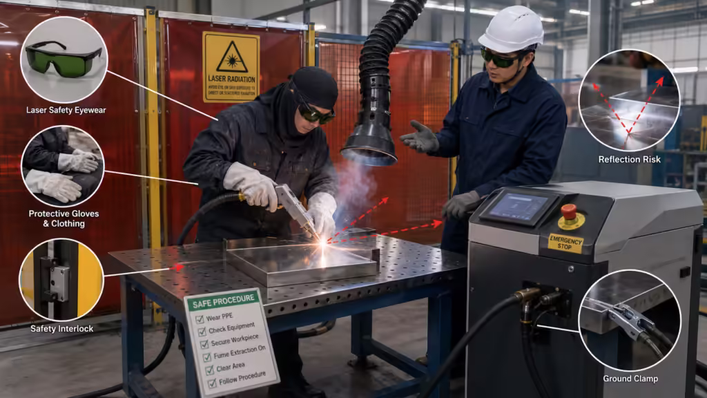 Laser welding machine safety setup showing protective eyewear, gloves, barriers, fume extraction, emergency stop, ground clamp, and reflection risk control