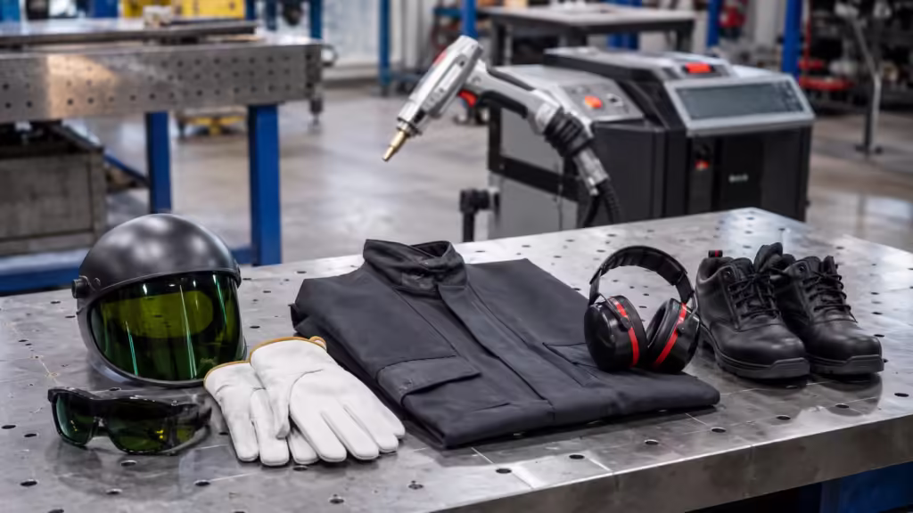 laser welding safety equipment including protective helmet gloves eyewear workwear and safety shoes