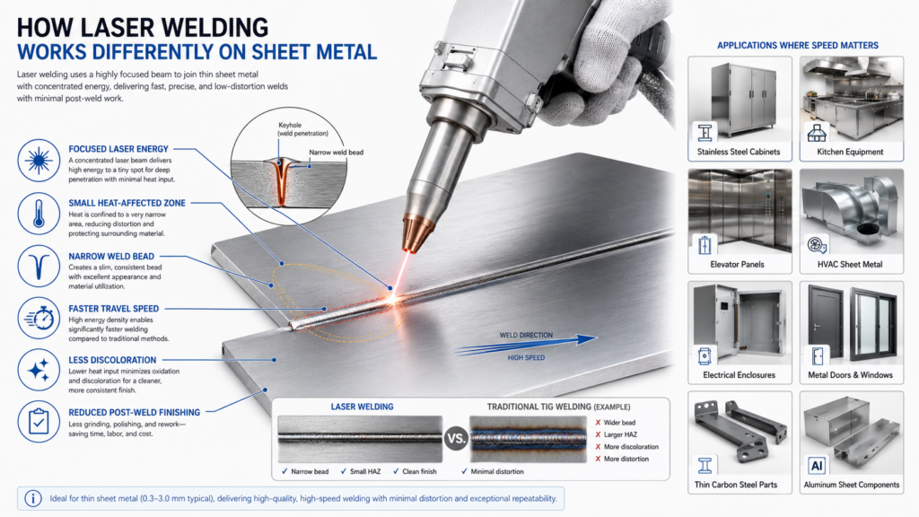 Principle diagram showing how laser welding works on sheet metal with focused energy, small heat affected zone, narrow weld bead, faster travel speed, and reduced distortion