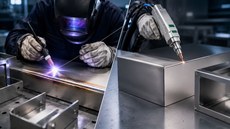 Laser welding vs TIG welding comparison on thin sheet metal showing TIG welding with wider heat affected zone and laser welding with a cleaner weld seam