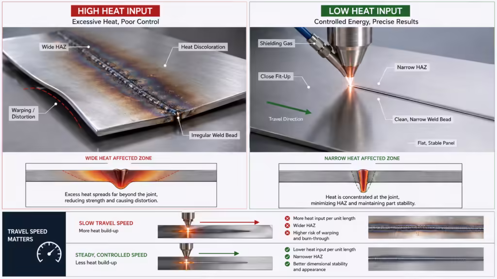 Low heat input welding comparison for thin sheet metal showing high heat input distortion, wide heat affected zone, discoloration, and controlled laser welding with narrow weld bead