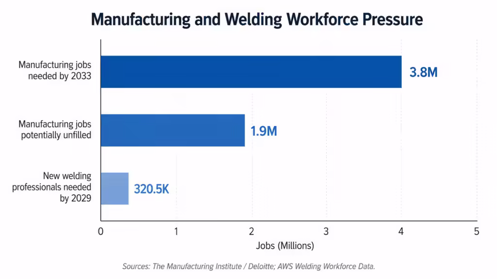 Manufacturing and welding workforce pressure chart showing 3.8 million manufacturing jobs needed by 2033, 1.9 million potentially unfilled jobs, and 320,500 new welding professionals needed by 2029