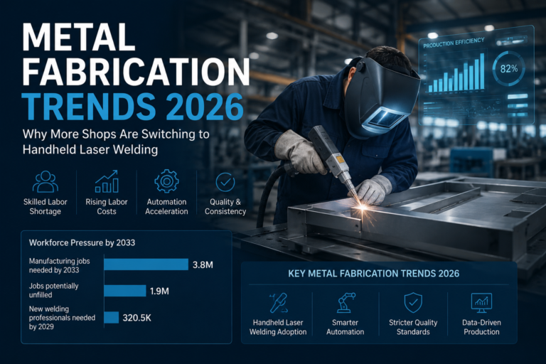 Metal fabrication trends 2026 showing handheld laser welding, workforce pressure, fabrication automation, and data-driven production in a modern factory