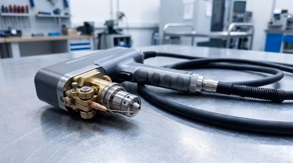 Close-up of a 1500w laser welder torch head and synchronized brass wire feeding nozzle on a metallic workshop bench.