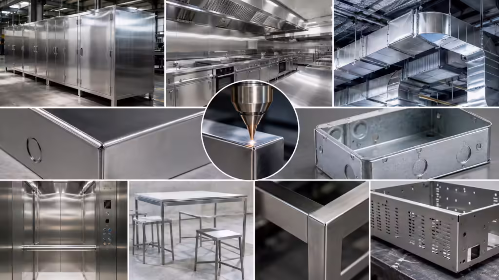 Thin metal laser welding applications for stainless steel cabinets, kitchen equipment, HVAC ducts, electrical boxes, elevator panels, metal furniture, light frames, and sheet metal enclosures