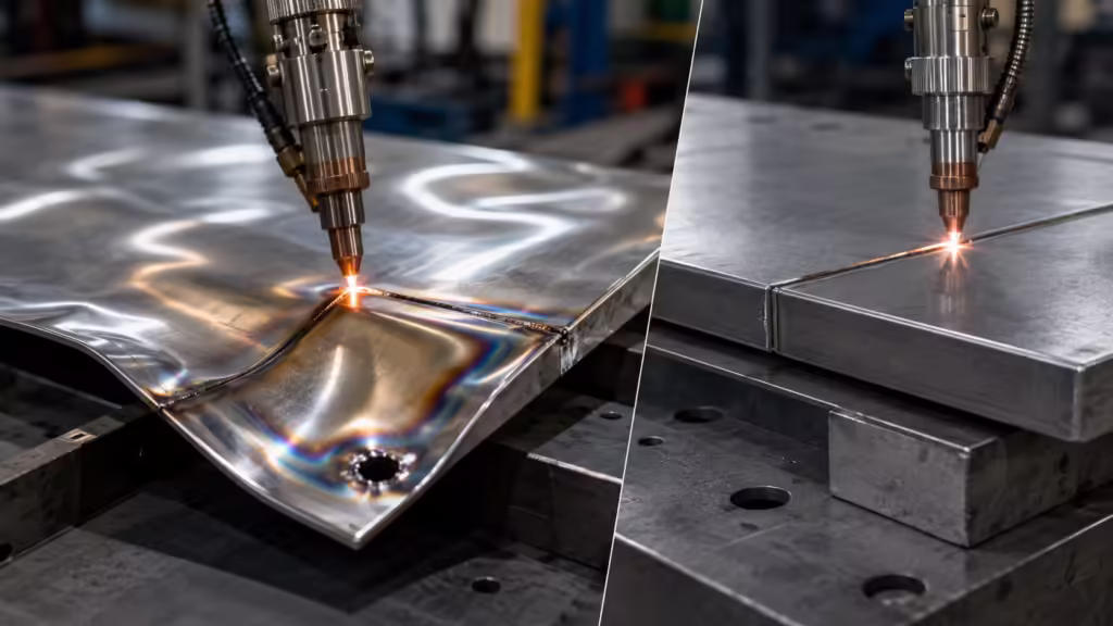 Thin metal welding heat distortion comparison showing overheated sheet metal with warping and burn-through versus controlled laser welding on thicker metal