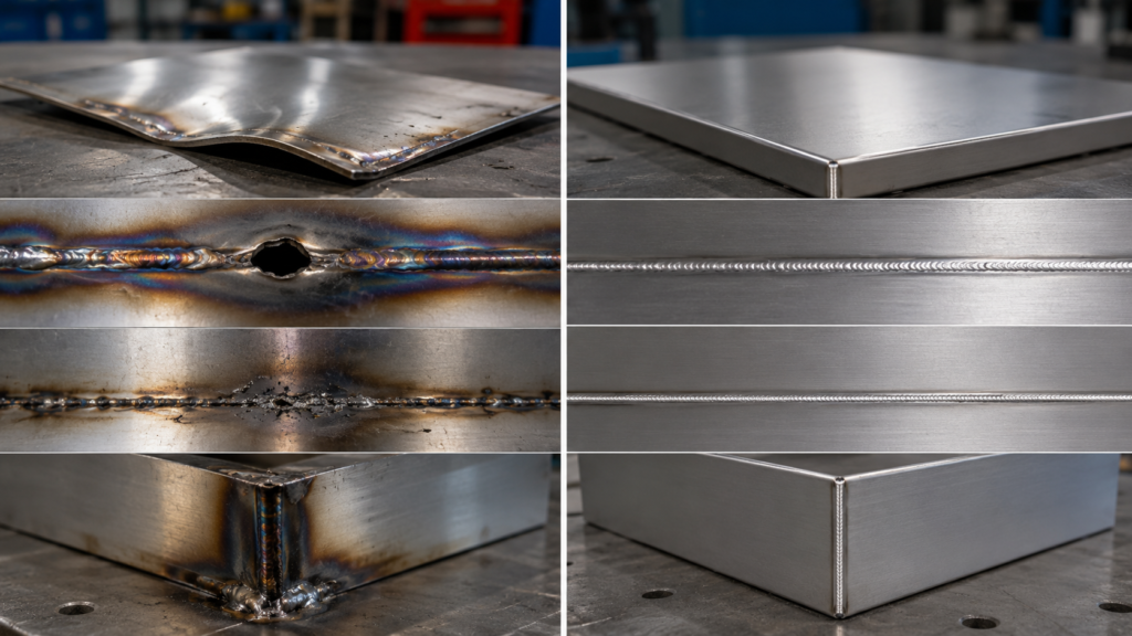Thin metal welding defects comparison showing warping, burn-through, discoloration, excessive heat marks, and controlled laser welding results with flat panels and clean weld beads