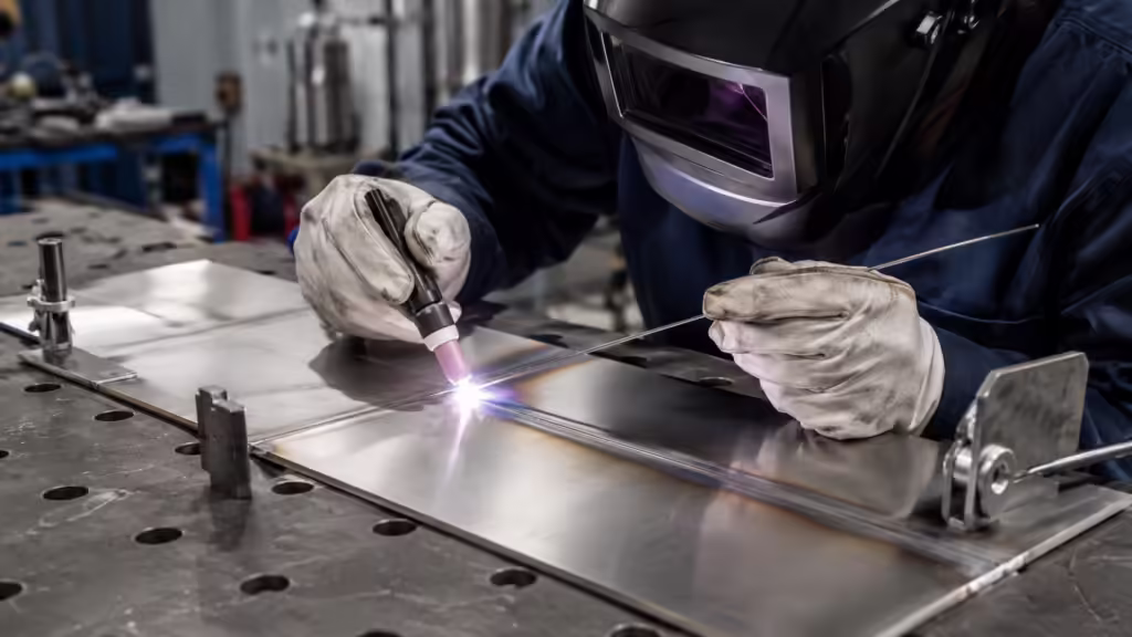 Skilled welder performing TIG welding on thin stainless steel sheet in a professional workshop, showing torch, filler rod, arc control, and precise weld puddle, illustrating high-quality welds with potential heat discoloration
