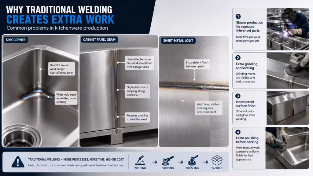 Traditional welding creates extra grinding and polishing work in stainless steel kitchenware production
