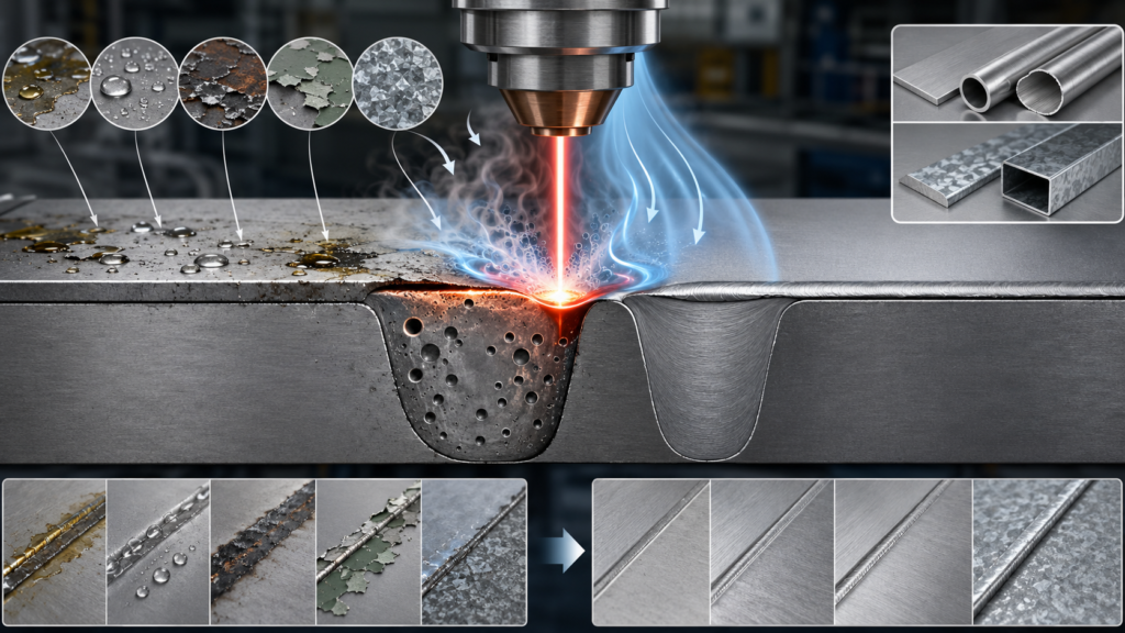 Illustration showing what causes porosity in laser welds, including contamination, trapped gas, poor shielding gas coverage, and the difference between porous and sound welds
